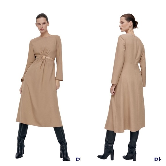 NWT ZARA Blogger Favorite Cutout Buckle Long Sleeve Midi Dress Sand Size Small - Picture 1 of 11